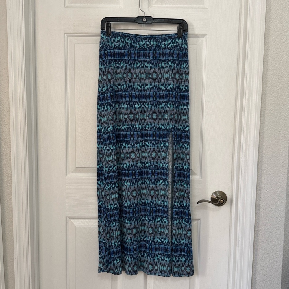 American Eagle Outfitters women’s Blue Tribal Boho High Slit Maxi Skirt - Picture 1 of 5